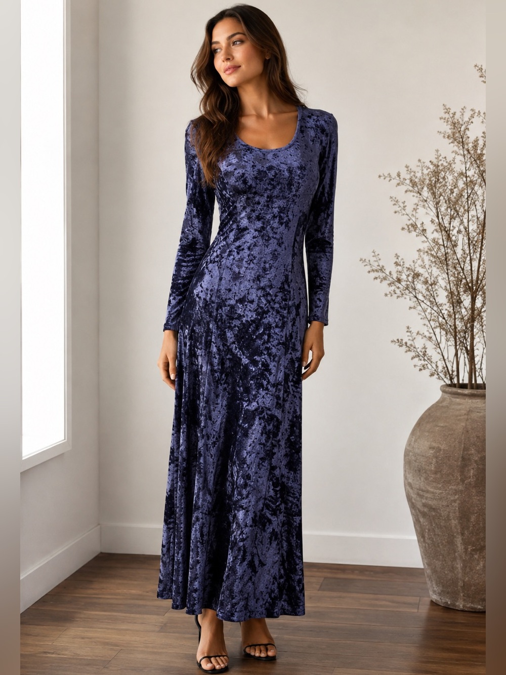 Vintage 90s NWT Crushed Velvet Long Sleeve Maxi Dress Navy Whimsigoth Vampy S